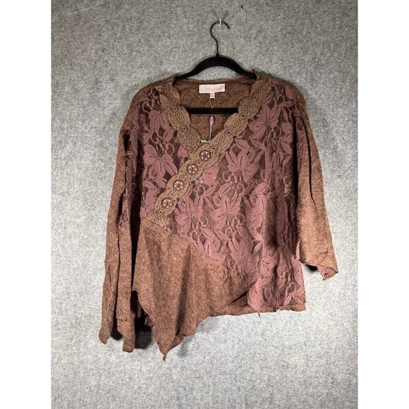 Pretty Angel Tops - Pretty Ange Tunic Women M Brown Linen Coverlet‎ Top Button Lace Langenlook Artsy